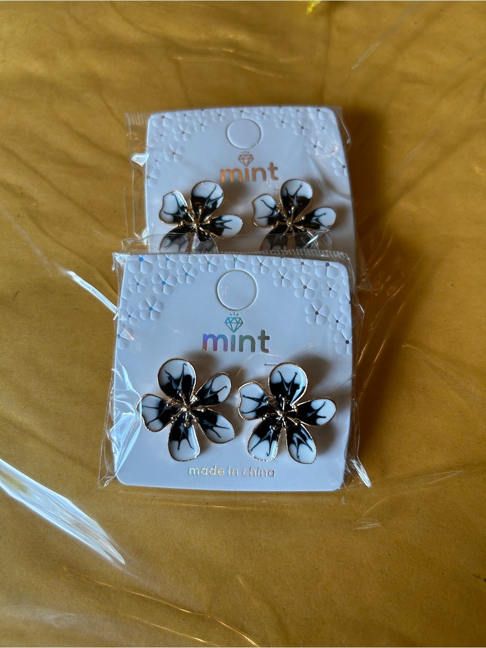 Mint Black & White Floral Enamel Stud Earrings x2 pairs